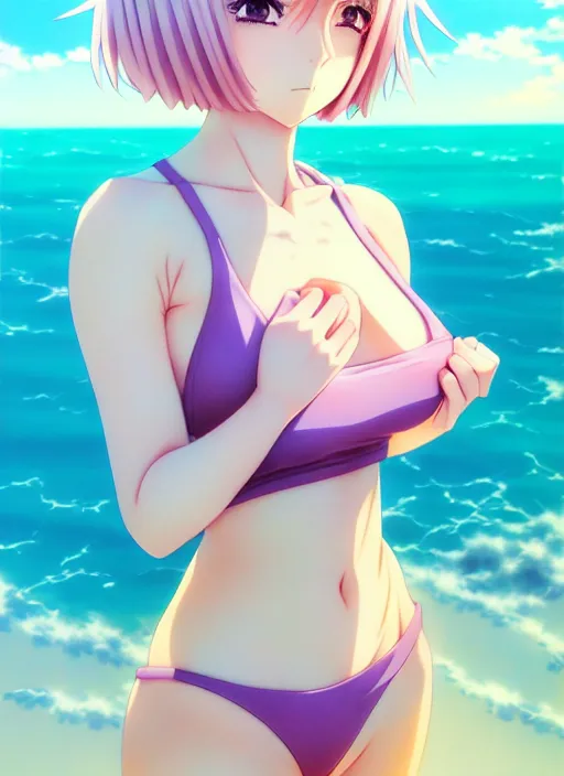 Prompt: anime portrait of a handsome woman, pastel hair, wearing two - piece swimsuit, ilya kuvshinov, asao urata, anime, pixiv top monthly, trending on artstation, cinematic, danbooru, zerochan art, kyoto animation, ecchi