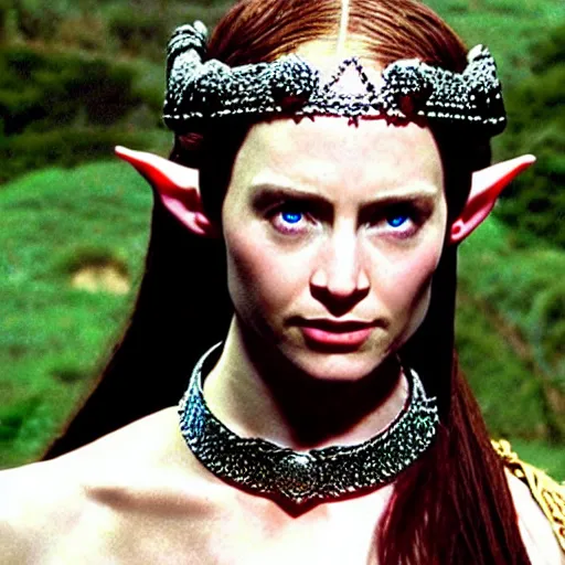 Image similar to a still from “Lord of the Rings” of a head and shoulders action portrait of a bejeweled magical female elf queen wearing a circlet and choker, Vogue magazine photo