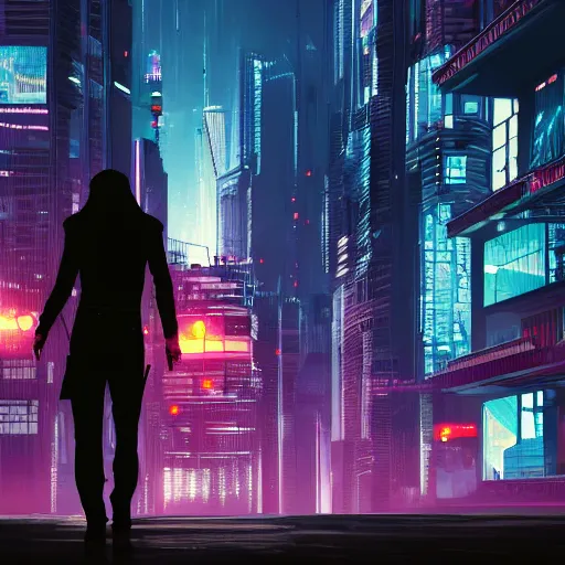Prompt: cyberpunk artstation city at night hooded silhouette person in foreground