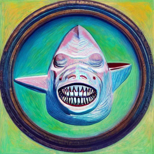 Prompt: intricate five star shark head facial portrait by pablo picasso, oil on canvas, hdr, high detail, photo realistic, hyperrealism, matte finish, high contrast, 3 d depth, centered, masterpiece, award - winning, vivid and vibrant colors, enhance light effect, enhanced eye detail, artstationhd