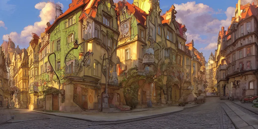 Prompt: art nouveau prague old town, pixar style, ghibli studio, anime style, 8 k hdr, octane render, unreal engine 5, trending on deviantart, natural lighting, path traced, highly detailed, high quality, godrays, complementary colors, beautiful landscape, cartoon, high coherence, soft lighting, soft colors, digital art, digital painting, matte