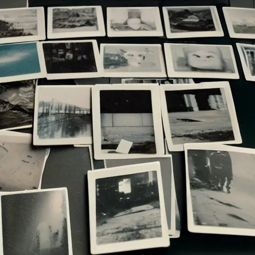 Image similar to a stack of polaroid photos on a desk, found at an abandoned nuclear power plant, mystery, terrifying, chilling