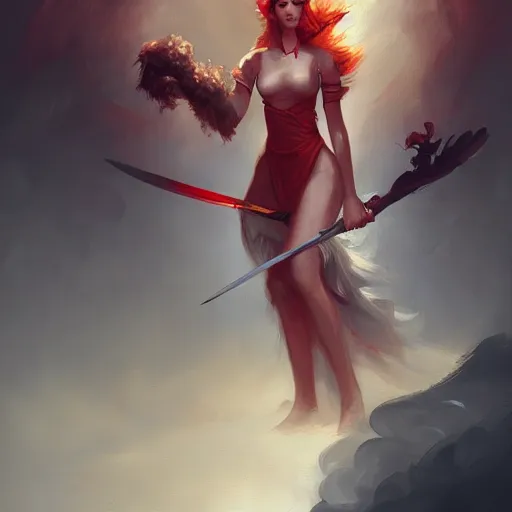 Image similar to a painting of a woman holding a sword, a digital painting by peter mohrbacher, trending on artstation, metaphysical painting, speedpainting, made of feathers, digital painting, painting made of feathers mist and cloud, the woman made of curly silk with red edges