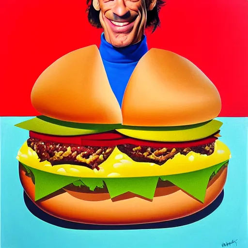 Prompt: portrait of ernest p. worrell eating a giant hamburger. cubist painting, oil on canvas