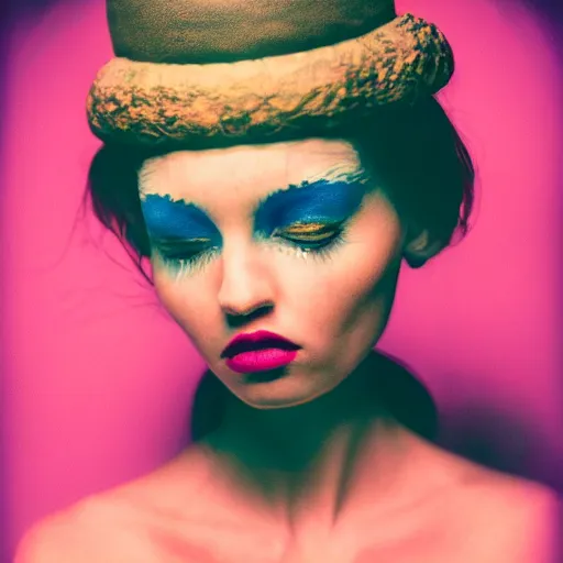 Prompt: fisheye medium format color portrait of a model with surreal style, camera flash