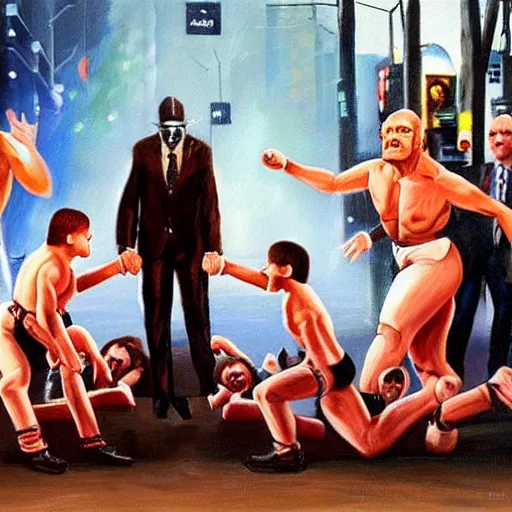 Prompt: A painting of Boulevard of Broken Dreams by Gottfried Helnwein, with WWF wrestlers from the 1980's, dynamic lighting