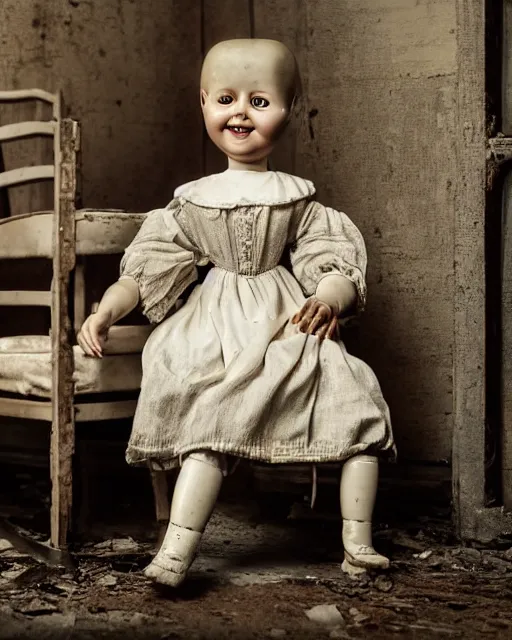 Image similar to portrait of a creepy smiling antique porcelain doll with white eyes wearing a dirty dress with long wet black hair sitting in a rocking chair next to a child’s bed in a dimly lit filthy room in an abandoned old asylum at night, 8k octane render, cinematic, dramatic lighting, volumetric lighting, Craig Mullins, vintage photo, 1890