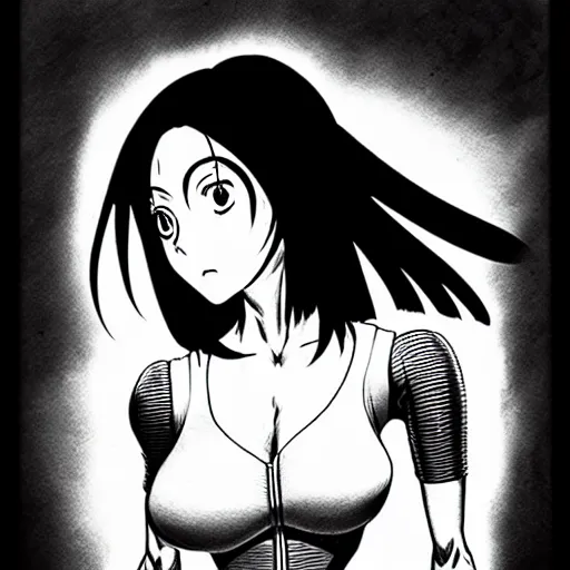 Image similar to alita by yukito kishiro. medium shot. black and white manga. pencil drawing