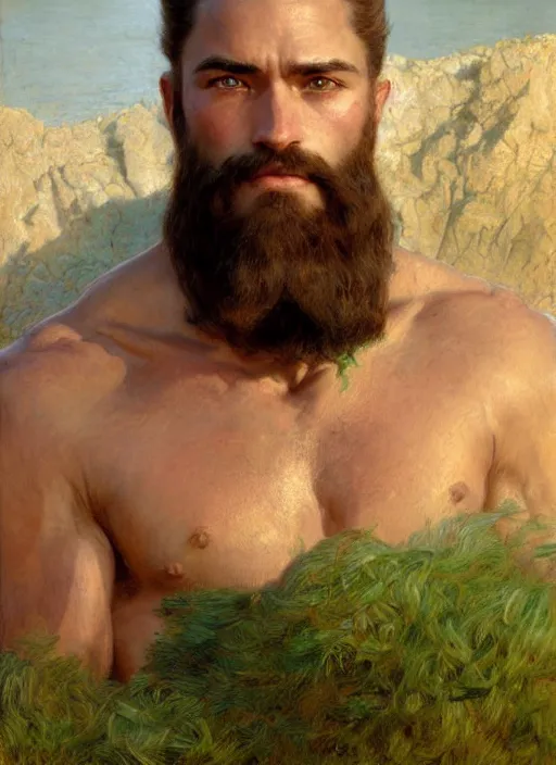 Image similar to detailed cinematic wide shot of muscular attractive young aztec man beard slim face symmetrical face tanskin green eyes white hair wearing sea clothes, ultra realistic, spring light, painting by gaston bussiere, craig mullins, j. c. leyendecker