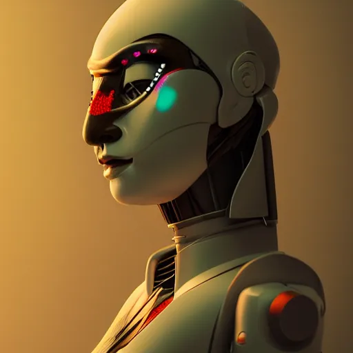 Image similar to japanese geisha robot android portrait, kabuki mask, cyberpunk, minimalistic in the style of ash thorp, beautiful, cinematic lighting, octane renderer, unreal engine 5