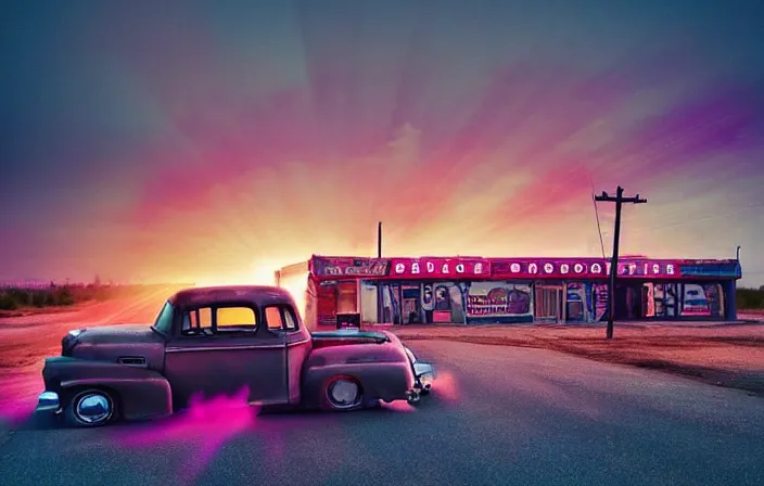 Image similar to A sunset light landscape with historical route66, lots of sparkling details and sun ray’s, blinding backlight, smoke, volumetric lighting, colorful, octane, 35 mm, abandoned gas station, old rusty pickup-truck, beautiful epic colored reflections, very colorful heavenly, softlight