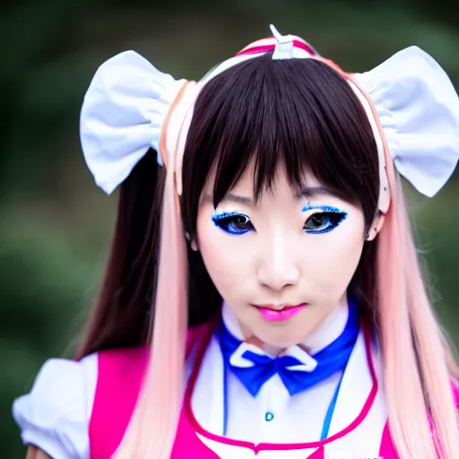 Prompt: a symmetric and beautiful face, high definition photo of a cosplayer with twin tails, wearing maid uniform, photo taken with Sony a7R