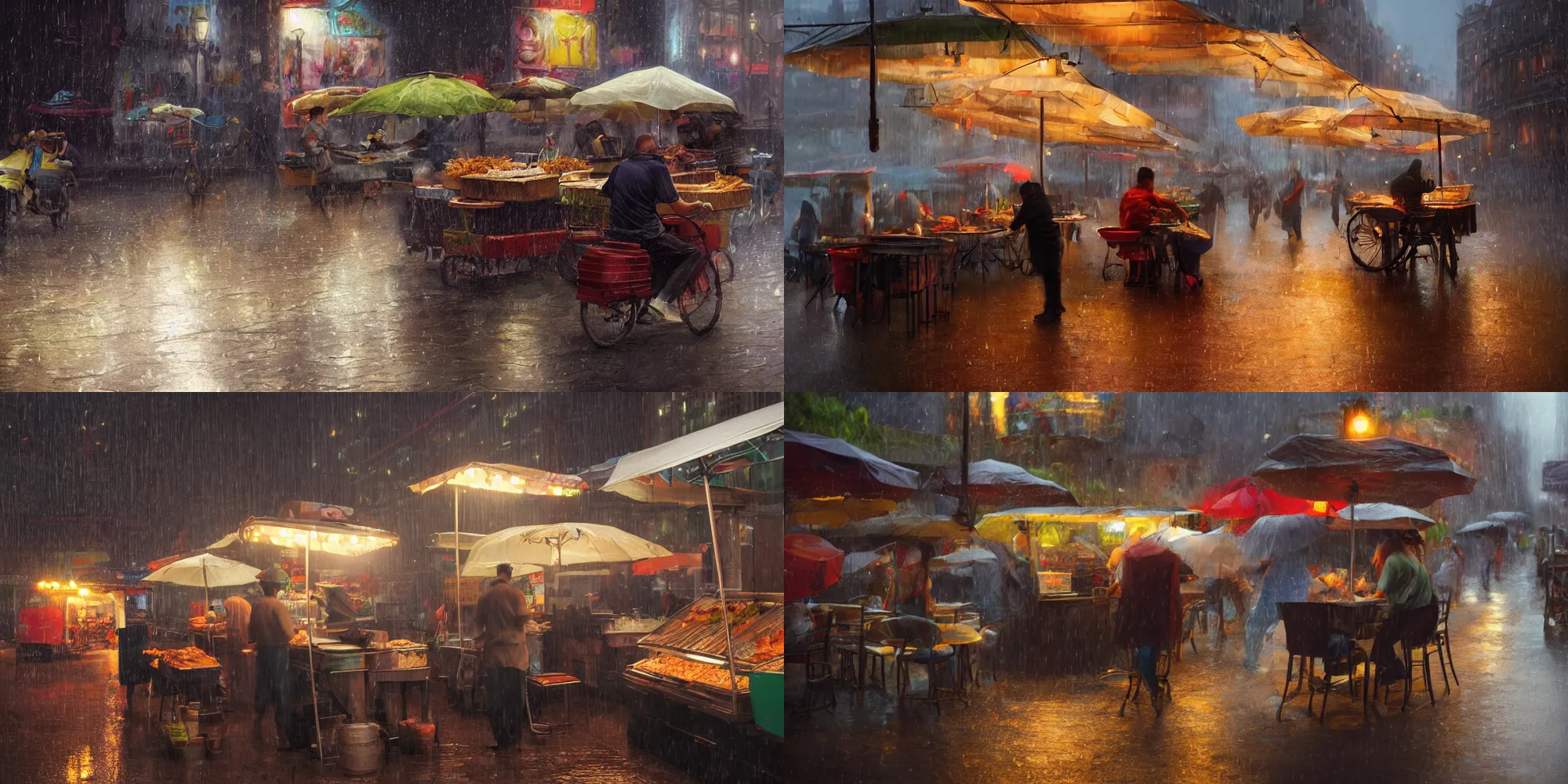 Prompt: Street food vendor prepares your meal as it rains, cozy wallpaper, 4k, high details, volumetric dynamic lighting, motion blur, blur, bokeh, trending on Artstation, award-winning, art by Chris Moore, by Greg Rutkowski