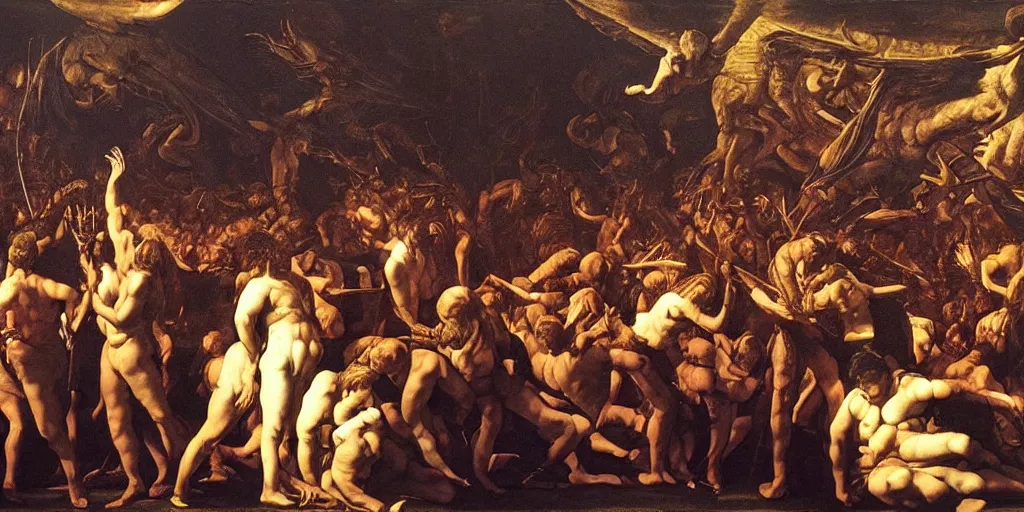 Image similar to huge crowd of unruly people enjoying dark ritual music, high detail baroque oil painting, golden ratio, volumetric light, godrays, terrifying geometry, alan lee, caravaggio, michelangelo