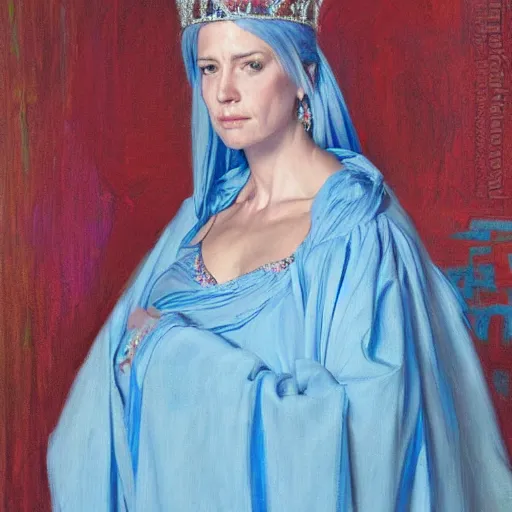 Image similar to portrait of a queen, dressed in blue and pink, by donato giancola.