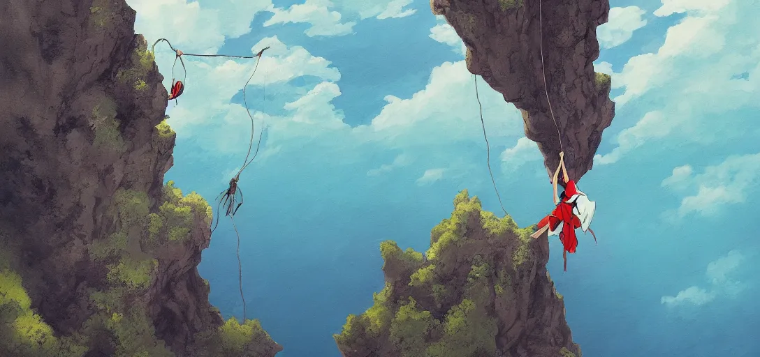 Image similar to a detailed painting of a single woman hanging from the side of a cliff overlooking the end of the world by Studio Ghibli trending on ArtStation