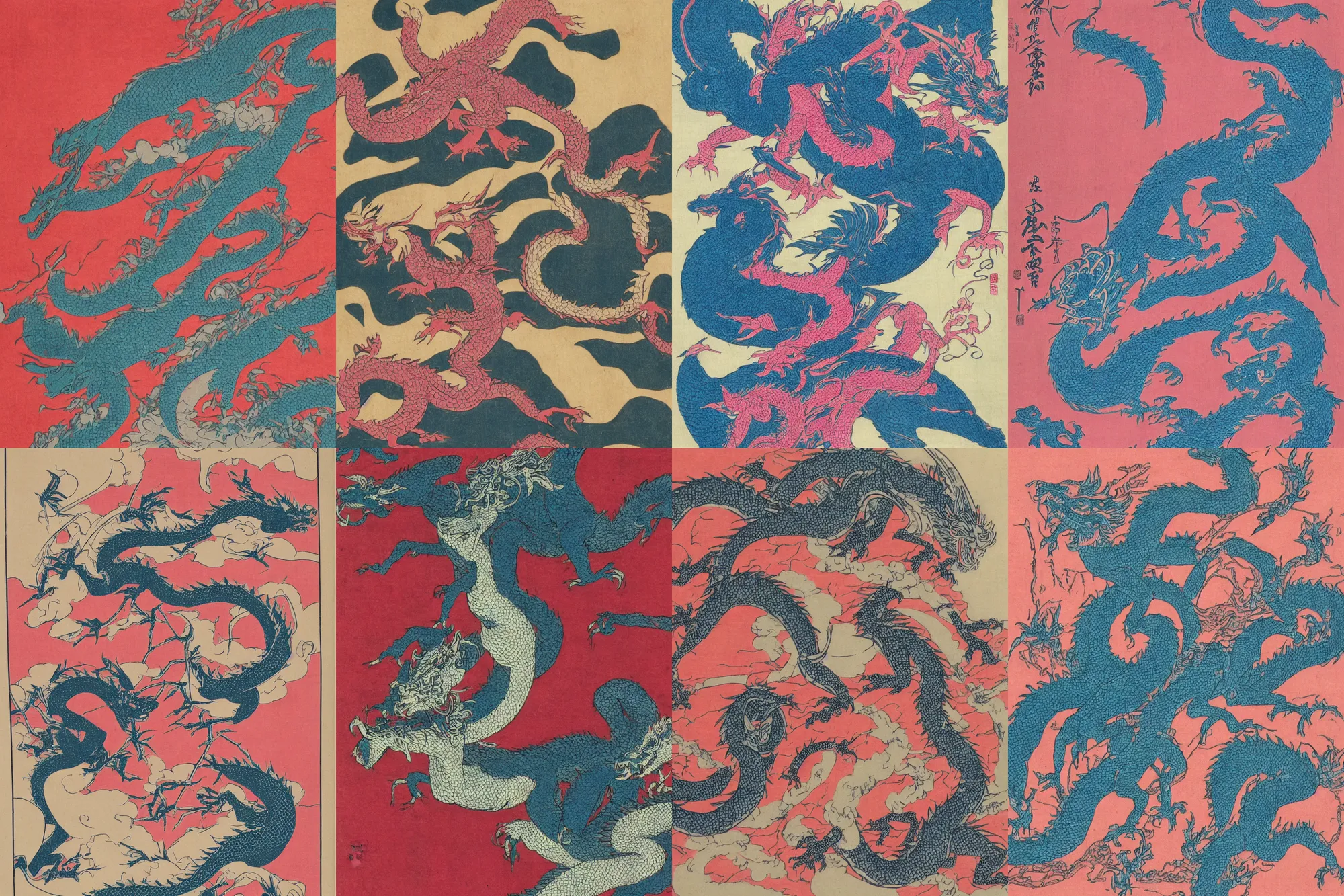 Prompt: Japanese art Woodblock print of a oriental dragon, in ancient Japan, pink and blue gradients
