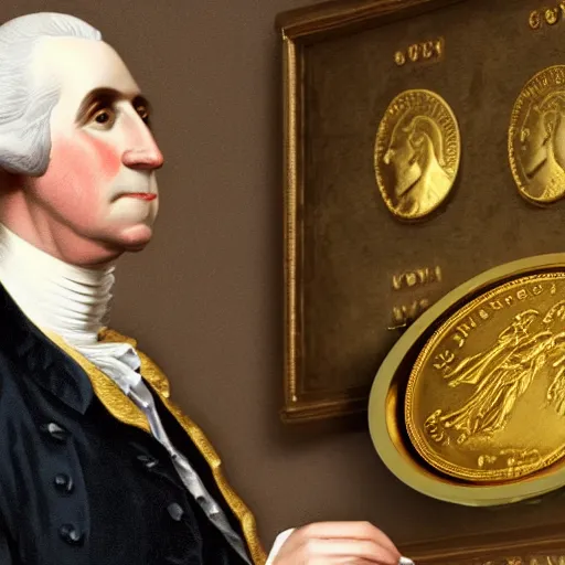 Image similar to a closeup photorealistic photograph of a happy George Washington inspecting small gold Doubloon coins at his home on Cherry Street. This 4K HD image is Trending on Artstation, featured on Behance, well-rendered, extra crisp, features intricate detail and the style of Unreal Engine.