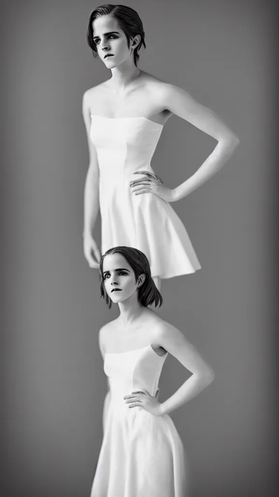 Image similar to detailed photo of emma watson cosplaying annie leonhart wearing open toe high heels and wearing a white dress in a white room looking up, beautiful face, pale skin, rule of thirds, cinematic lighting, sharp focus, backlit, stunning, smooth, hard focus, full body shot, studio photo, shot on sony a 7 iii, hyper realistic, camera sony nicon