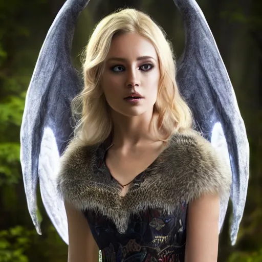 Image similar to very pretty blond female angel with huge dragon wings in a dark forest, perfect symmetrical face, shallow depth of field, moody lighting, single point of light, 8 k, cultural realistic, in the style of martina fackova,