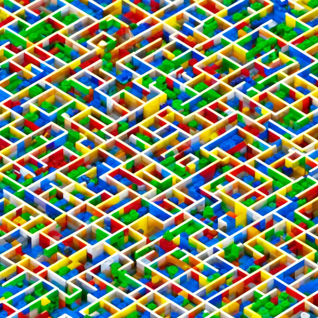 Prompt: wimmelbilder maze made of lego, isometric