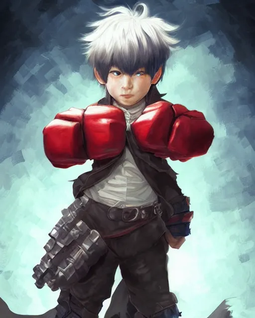 Prompt: a tiny kid with two huge powerful fist gauntlets, smooth, intricate, elegant, digital painting, artstation, concept art, sharp focus, illustration, art by koyoharu gotouge,