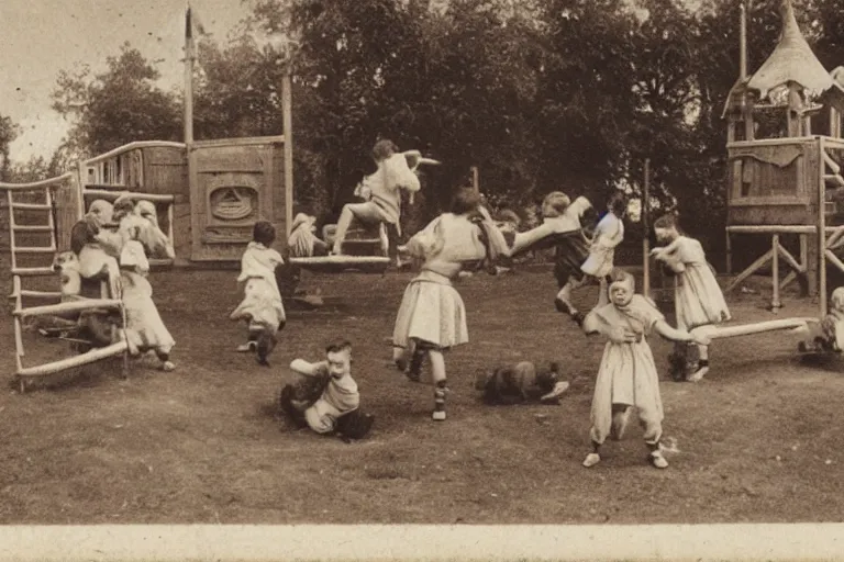 Prompt: a very old photo of kids having fun at playground in medieval times