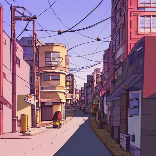 Image similar to city street, sloped street, city on mountainside, street scene, colorful buildings, cel - shading, 2 0 0 1 anime, flcl, jet set radio future, golden hour, japanese town, concentrated buildings, japanese neighborhood, construction site, cel - shaded, strong shadows, vivid hues, y 2 k aesthetic