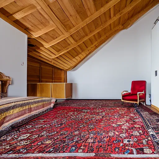 Image similar to 1.7 metre high attic, with matte white angled ceiling, with 2 windows opposing each other, with a large square window in the back right corner of the room, with exquisite turkish and persian rugs on the polished plywood floor, XF IQ4, 150MP, 50mm, F1.4, ISO 200, 1/160s, natural light