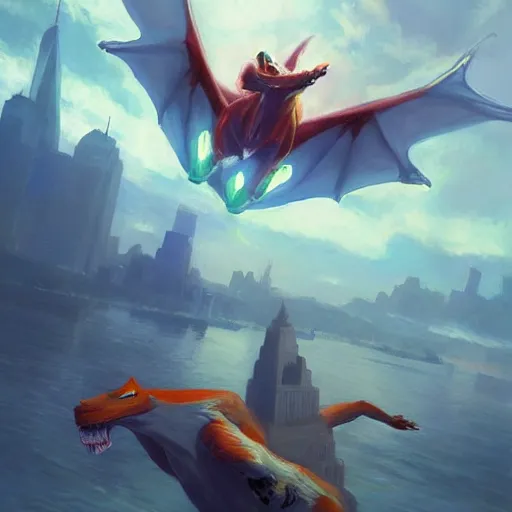 Prompt: charizard flying above new york, beautiful, serene colors, lake background, complimentary contrast, dramatic lighting, masterpiece, high contrast, painted by stanley lau, painted by greg rutkowski, painted by stanley artgerm, digital art, trending on artstation