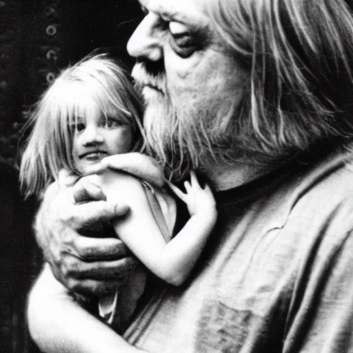 Prompt: robert wyatt cradling an angry gremlin like a baby, photograph