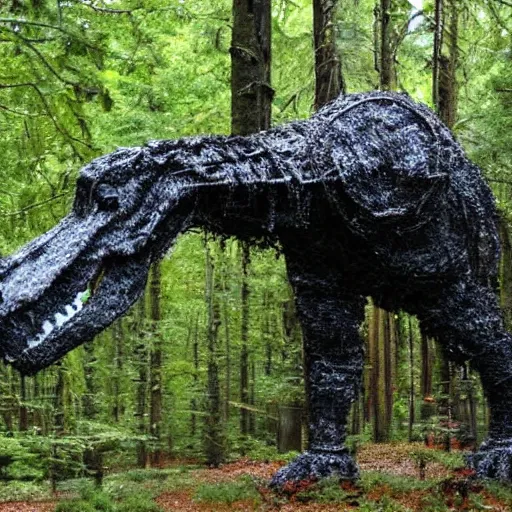 Prompt: mossy recycled tire sculpture of a tyrannosaurus in the forest