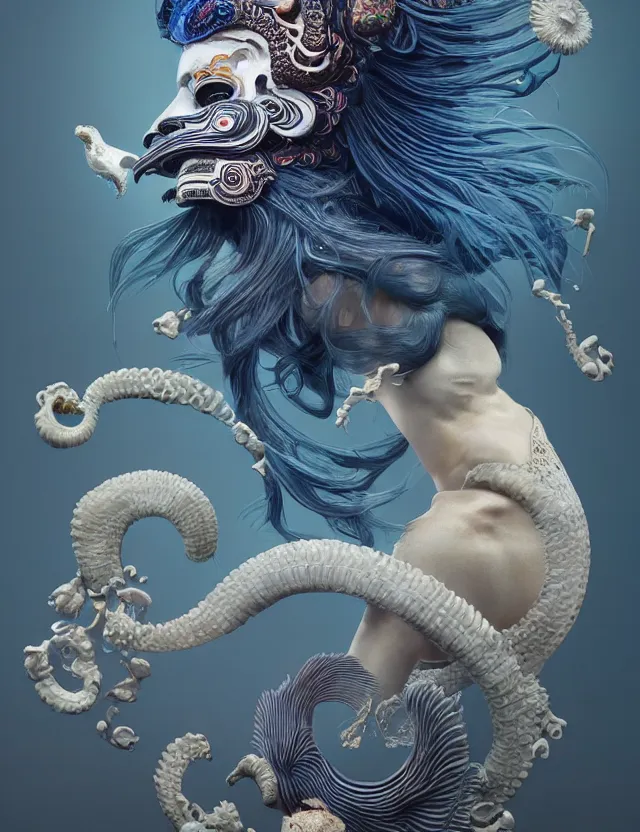 Image similar to 3 d goddess half - turn portrait with ram skull. beautiful intricately detailed japanese crow kitsune mask and clasical japanese kimono. betta fish, jellyfish phoenix, bio luminescent, plasma, ice, water, wind, creature, artwork by tooth wu and wlop and beeple and greg rutkowski