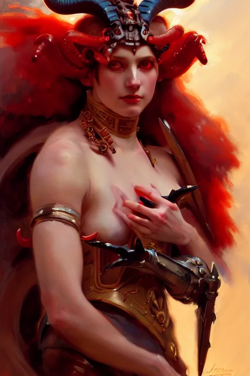 Image similar to painted close - up portrait of a attractive red - skinned intimidating demon cyborg girl with ram horns! oil painting, wearing a noblewoman's outfit, fantasy art by john singer sargent and gaston bussiere and james jean and greg rutkowski, demon noble character design, hd