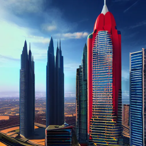 Prompt: red - yellow - blue building, skyscraper shaped like rocket ship, aquamarine windows, megatall building, tallest building in history, peak of building above clouds, unreal engine 5 render, colorful building, cel - shading, cel - shaded