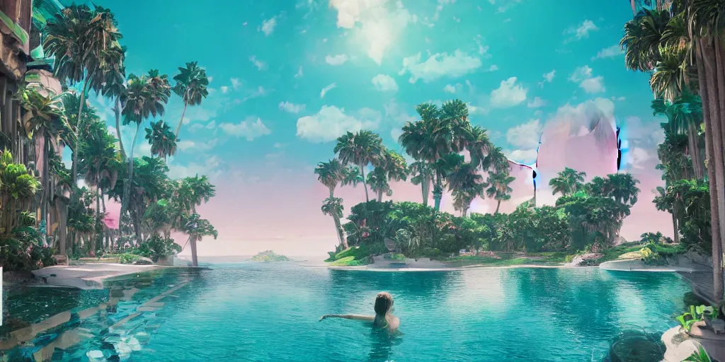 Image similar to Beeple masterpiece, hyperrealistic surrealism, award winning masterpiece with incredible details, epic stunning, infinity pool, a surreal vaporwave liminal space, highly detailed, trending on ArtStation, calming, meditative, pink arches, palm trees, surreal, sharp details, dreamscape, giant gold head statue ruins, crystal clear water, sunrise