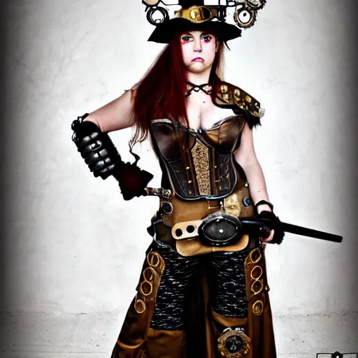 Image similar to photo of a real-life beautiful steampunk female warrior