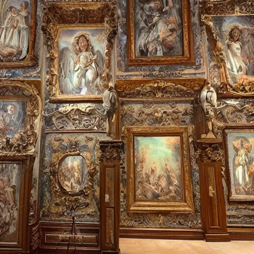 Image similar to ornate wall, full of paintings of angels, highly detailed