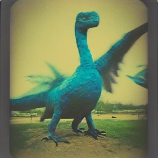 Image similar to blurry polaroid picture of a feathery dinosaur, 8K, HD, highly detailed, high quality