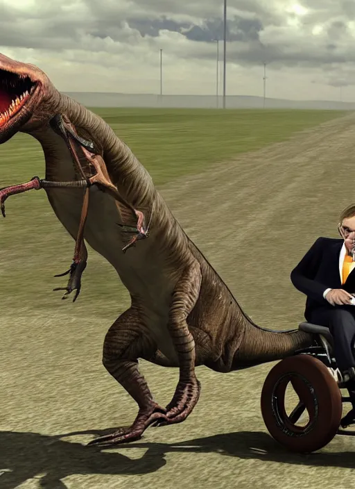 Prompt: Stephen Hawking riding on a trex in garrys mod