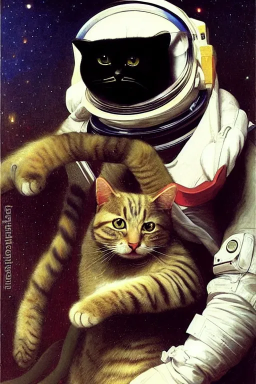 Image similar to portrait of a cat astronaut with spacesuit and helmet, majestic, solemn, by bouguereau