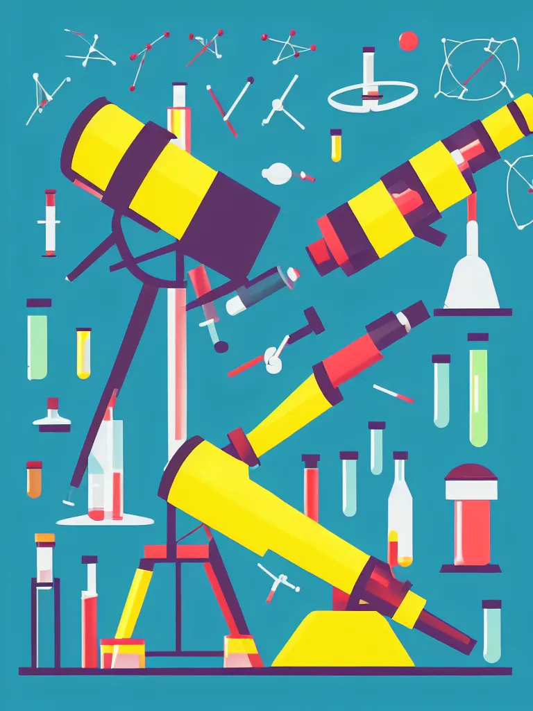 Image similar to editorial illustration scientific lab test tube telescope microscope spaceship, colorful modern, mads berg