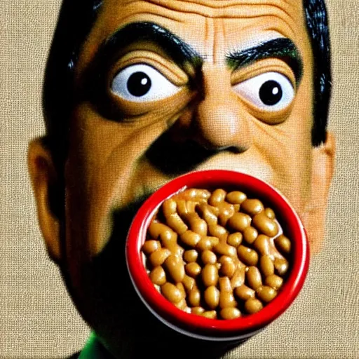 Prompt: photo of mr. bean made out of baked beans