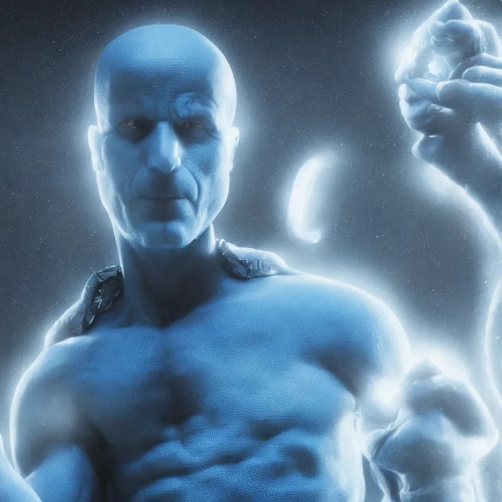 Prompt: dr. manhattan, watchmen, 8 k, octane render, mute blue, volumetric light, intricate detail, soft depth of field, intricate detail, photorealistic, cinematic lighting 4 k