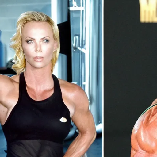 Image similar to first photos of 2 0 2 4 female pumping iron remake - muscular charlize theron as arnold, put on 1 0 0 pounds of muscle, looks different, steroids, hgh, ( eos 5 ds r, iso 1 0 0, f / 8, 1 / 1 2 5, 8 4 mm, postprocessed, crisp face, facial features )