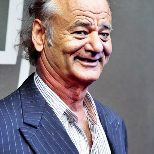 Image similar to bill murray, goofy smile, he is the leader of the rag tag misfit group, northwest coast gloom light, he is in disbelief when his doppelganger arrives, who is this man, monocle, willy wonka - style outfit, paparazzi photo