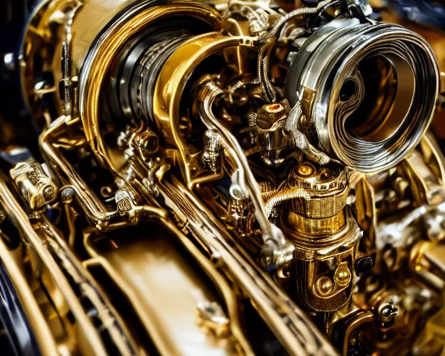 Prompt: 5 0 mm photography of a holy golden car engine mechanism. highly immaculate detailed 8 k. intricate. lifelike. nikon d 8 5 0. tiltshit. motion blur. dof