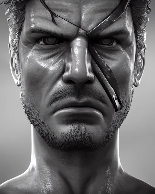 Image similar to solid snake bust portrait, cinematic lighting, backlit face, tired expression, close - up, black atmospheric background, 4 k ultra detailed photorealistic render, best of artstation hdr, official artwork hdr, redshift houdini