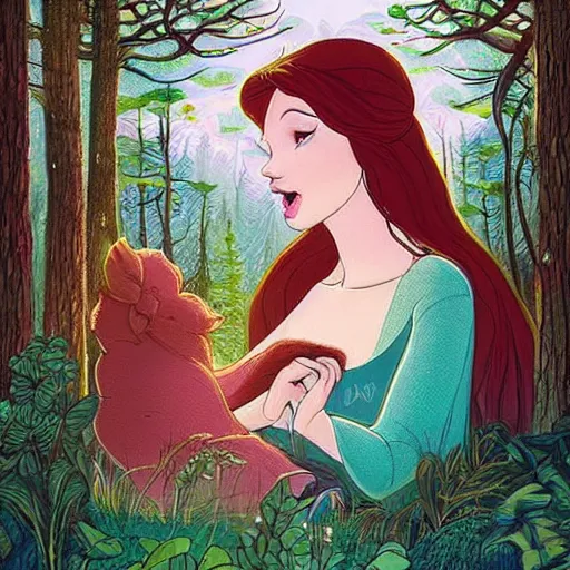 Image similar to A beautiful street art of Princess Aurora singing in the woods while surrounded by animals. She looks so peaceful and content in the company of the animals, and the colors are simply gorgeous. mythological map by Josan Gonzalez, by Bill Henson amorphous