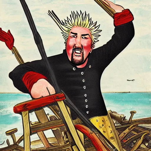 Image similar to guy fieri as a shipwreck survivor, revolutionary war color print